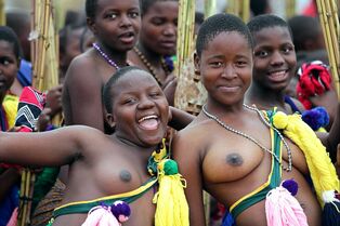 Real african ladies topless, bare dark-hued dolls in ritual